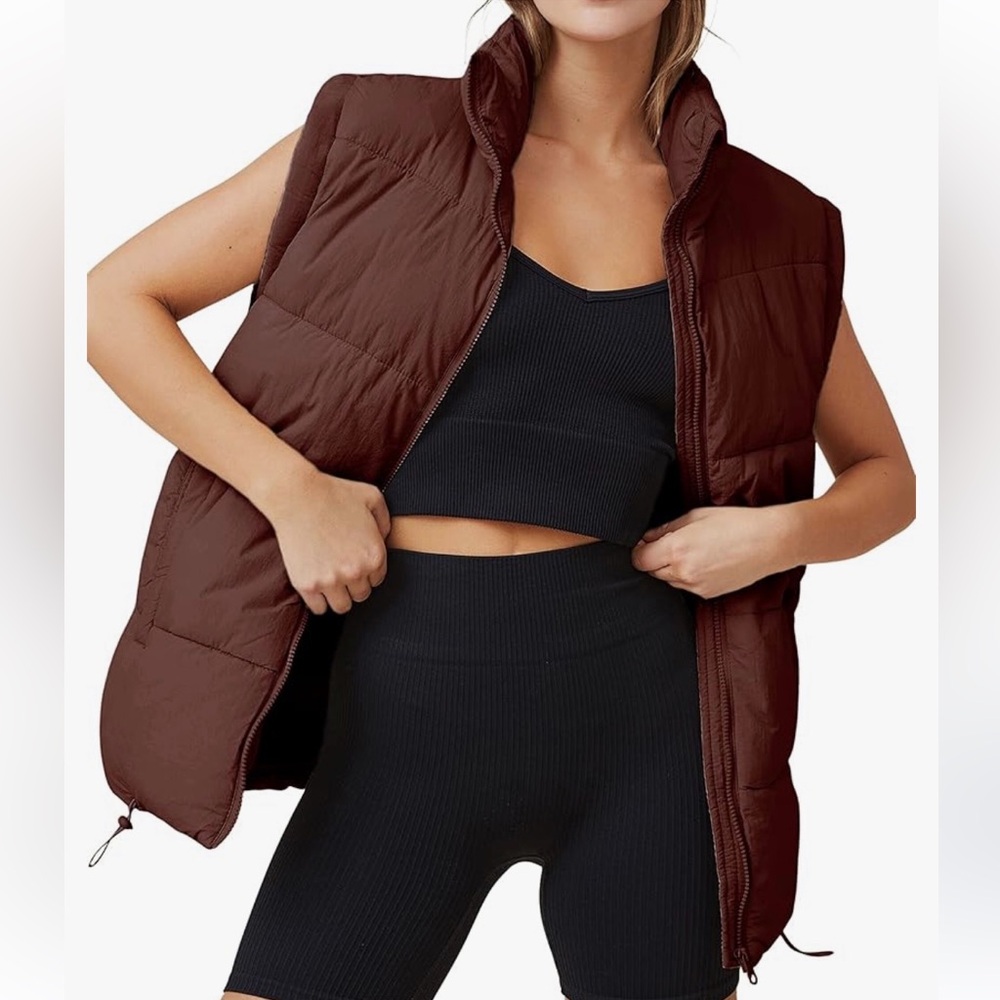 NWT Athlisan Brown Zip Up Puffer Vest Stand Collar Sleeveless Padded Jacket XS